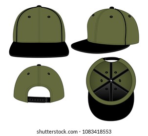 Olive Green-Black Hip Hop Cap With Line Piping and Snap Back Strap on White Background.