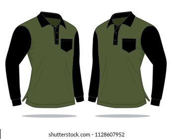 Olive Green-Black Long Sleeve Polo Shirt with One Pocket Design on White Background, Perspective View, Vector File
