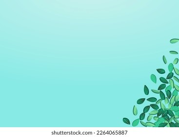 Olive Greens Flying Vector Blue Background Template. Wind Leaf Wallpaper. Mint Leaves Tea Illustration. Foliage Forest Plant.