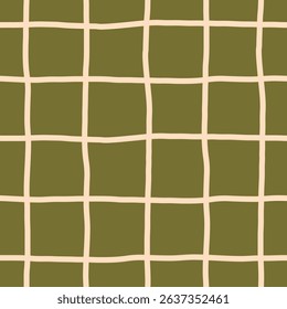 Olive Grid Seamless Pattern. Hand drawn Green checkered pattern with casual artistic texture for packaging textile design. Repeat vector illustration