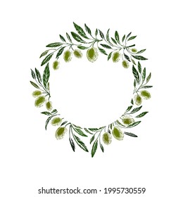 Olive grove. Green fruits, rustic branch. Vector texture italian wreath on white background. Nature frame, vintage pattern. Free space for your text