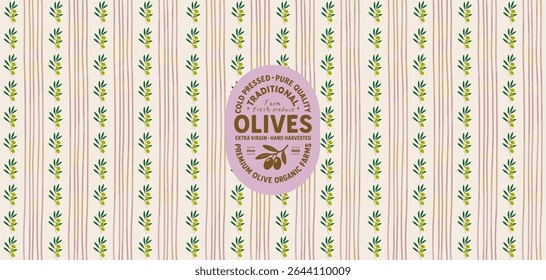  Olive Grove Repetir. Descrição: Padrão de vetor sem emenda com ramos de azeitona e listras. Perfeito para fundos, têxteis, embalagens e muito mais. Sensação orgânica.
