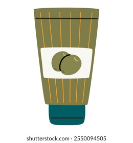 Olive hand body cream tube in green colour. Cosmetic container. Male beauty routine. 