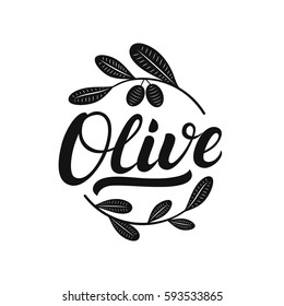 Olive hand written lettering logo, label, badge or emblem. Isolated on white background. Vector illustration.