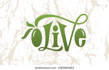 Olive handwritten text with olive and leaves. Hand lettering typography. Template for cafe, menu. Design for logo, badge, emblem. Vector illustration isolated on white background