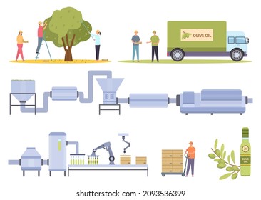 Cosecha de aceitunas y producción de aceite de fábrica. Conjunto de vectores de producción, extracción y embotellado de aceites vegetales de agricultura plana. Ilustración del aceite de oliva en la industria de la producción