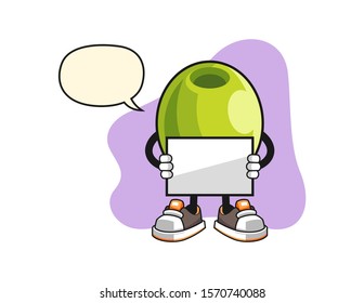 Olive hold banner with speech bubble cartoon. Mascot Character vector.