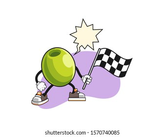 Olive hold racing flag with speech bubble cartoon. Mascot Character vector.