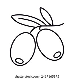The olive icon. A black silhouette of a flower on a branch with leaves. Olives and olives are healthy and delicious foods. Vector illustration isolated on a white background for design and web.