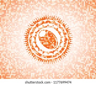 olive icon inside abstract emblem, orange mosaic background