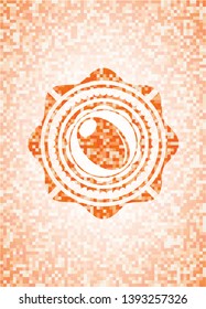 olive icon inside abstract emblem, orange mosaic background
