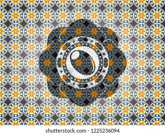 olive icon inside arabic badge. Arabesque decoration.