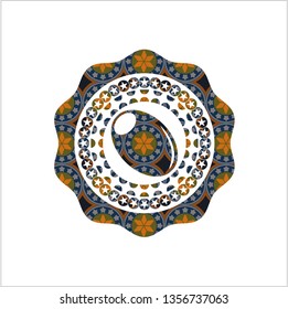 olive icon inside arabic badge background. Arabesque decoration.