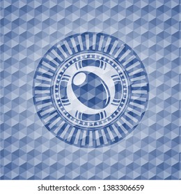 olive icon inside blue badge with geometric pattern background.