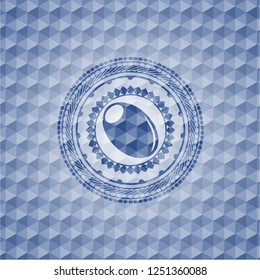 olive icon inside blue emblem or badge with abstract geometric pattern background.