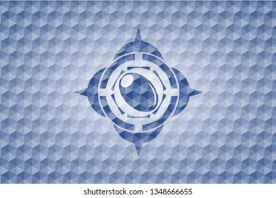 olive icon inside blue hexagon badge.