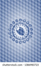 olive icon inside blue polygonal emblem.