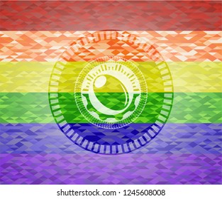 olive icon inside emblem on mosaic background with the colors of the LGBT flag