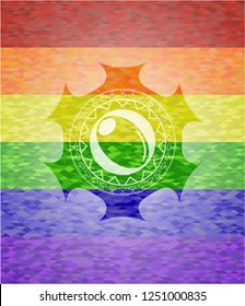 olive icon inside emblem on mosaic background with the colors of the LGBT flag