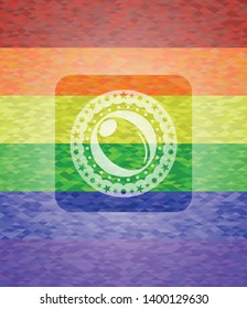 olive icon inside emblem on mosaic background with the colors of the LGBT flag