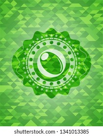 olive icon inside green emblem. Mosaic background