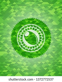 olive icon inside green emblem. Mosaic background