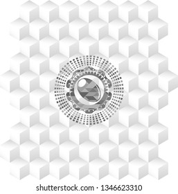 olive icon inside grey badge with geometric cube white background