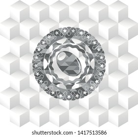 olive icon inside grey badge with geometric cube white background