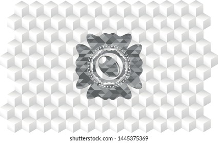 olive icon inside grey emblem with geometric cube white background