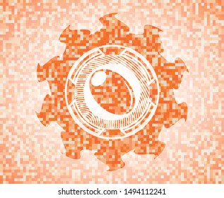 olive icon inside orange mosaic emblem