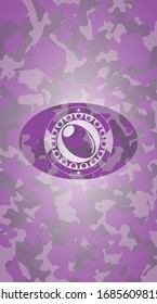 olive icon inside pink and purple camouflage emblem