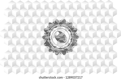 olive icon inside realistic grey emblem with geometric cube white background