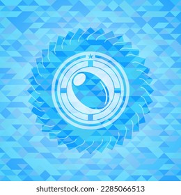 olive icon inside realistic sky blue emblem. Mosaic background. 