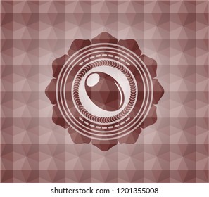 olive icon inside red seamless badge with geometric pattern background.
