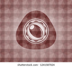 olive icon inside red seamless badge with geometric background.