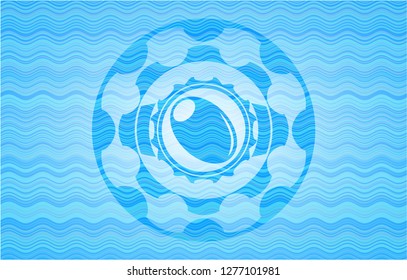 olive icon inside sky blue water badge background.