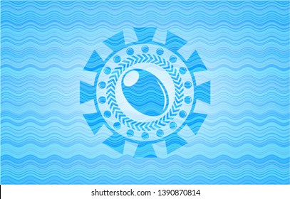 olive icon inside sky blue water wave badge background.