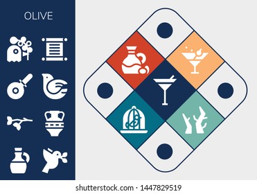 olive icon set. 13 filled olive icons.  Collection Of - Martini, Olive oil, Dove, Branch, Amphora, Pizza cutter, Pigeon, Torah, Branches