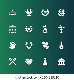 olive icon set. Collection of 16 filled olive icons included Parthenon, Oil bottle, Dove, Toothpick, Pizza cutter, Laurel, Martini