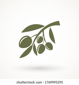 Icono de olivo símbolo vectorial ilustración de logotipo para silueta de icono de aceitunas web y móviles aislados. Rama madura negra con hojas. Emblemas gastronómicos. Diseño de logotipo simple.