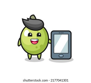 olive illustration cartoon holding a smartphone , cute style design for t shirt, sticker, logo element