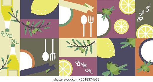 It is olive image. Olive oil, olive, lemon and cutlery.