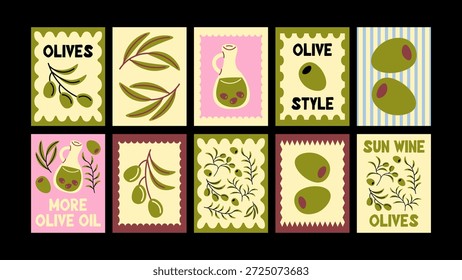 Olive kitchen poster set with bottles of oil, olive leaves and Mediterranean food. Graphic culinary postcards, healthy vibes. Isolated vector wall decor