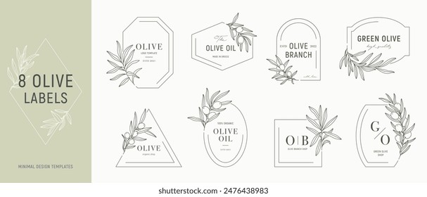 Plantillas de etiqueta de olivo engastadas con ramas de olivo en estilo minimalista lineal. Hojas de Vector y frutos de oliva.