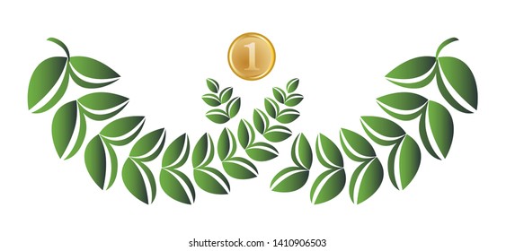 Olive Laure  wreath  whith medal winner  first 1 place in sport. Natural green ornament vector illustration