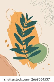 Fundo de folha de oliveira para marcação, embalagem ou convites. Perfeito para cartazes, cartões ou capas com elementos florais abstratos em tons de verde, laranja e bege.