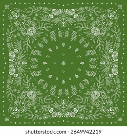 Olive leaf Bandana print. Green bandana pattern. olive leaf, flowers, olive, paisley seamless pattern.Bandana pattern template. Silk neck scarf or kerchief square pattern design.