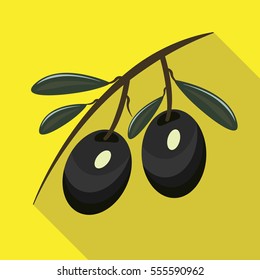 Olive with leaf flat style with long shadow isolated on yellow background. olive vector sign symbol