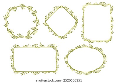 Olive leaf frames, vector set of delicate, elegant borders for invitation, photo frame or menu. Round, oval, rhombus and rectangular decorative elements with a touch of nature in Mediterranean style