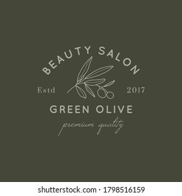 Olive leaf and Fruit logo design template in simple minimal linear style. Vector Botanical emblem with Brunch for Beauty Studio, SPA salon, Organic cosmetics